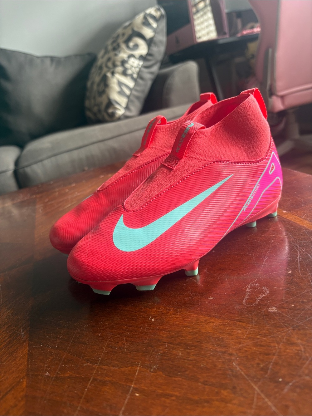 Nike Kids Red Soccer Cleats with Aqua Swoosh
